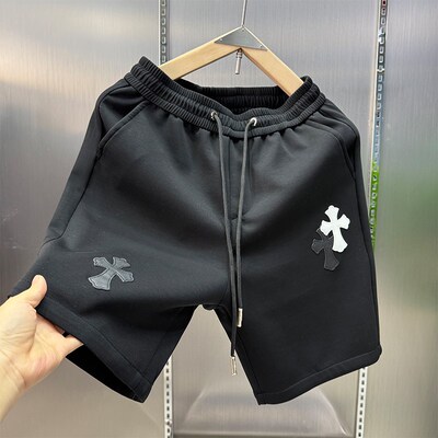 2025夏季新款短裤男士潮流袖标显瘦黑色短裤青年百搭韩版直筒中裤