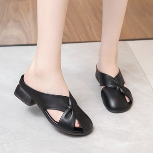 牛皮时装中跟拖鞋女2025新款外传休闲百搭真皮包头凉拖夏天妈妈鞋