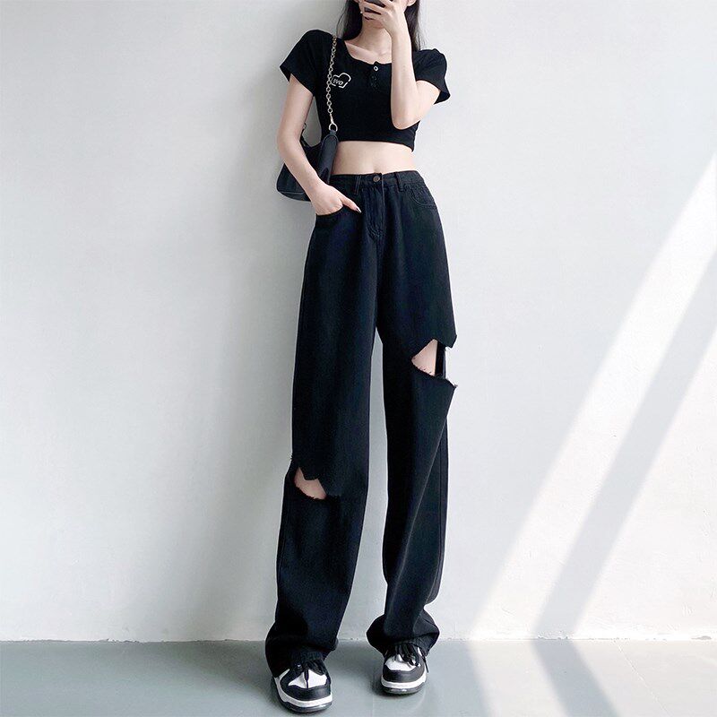 夏季高腰显瘦黑色薄款直筒破洞牛仔裤女宽松170高个子加长拖地裤