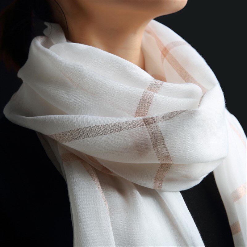棉麻围巾纯白金丝格子围巾丝巾女秋冬款 韩版保暖围巾披肩女长款