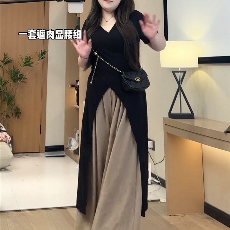 大码胖mm设计感显瘦气质长款黑色收腰开叉上衣阔腿裙裤两件套装,女装/女士精品,大码套装,淘宝优惠券,粉丝福利购,淘宝优惠卷