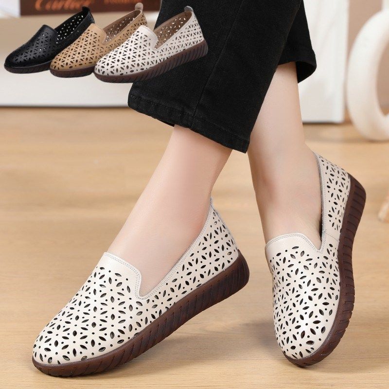夏季新款真皮圆头平底单鞋低跟洞洞鞋女鞋凉鞋中老年单鞋大码小码,女鞋,洞洞鞋,淘宝优惠券,粉丝福利购,淘宝优惠卷