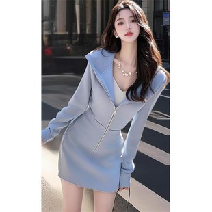 小个子爆款卫衣短款连衣裙2025年早春新款春季蓝色高级感裙子女装