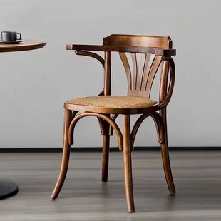 复古风实木扶手椅藤编家用餐椅法式轻奢靠背椅餐厅咖啡厅茶室椅子