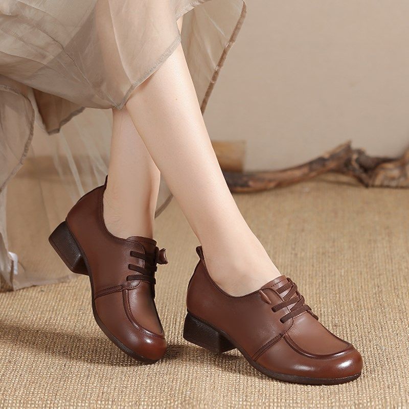 真皮单鞋女粗跟2024春秋新款软皮软底中跟妈妈鞋一脚蹬低跟小皮鞋,女鞋,深口单鞋,淘宝优惠券,粉丝福利购,淘宝优惠卷