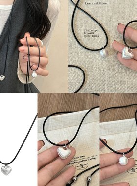 新款 韩国博主同款拉丝爱心项链女冷淡风长款卫衣链简约黑绳毛衣