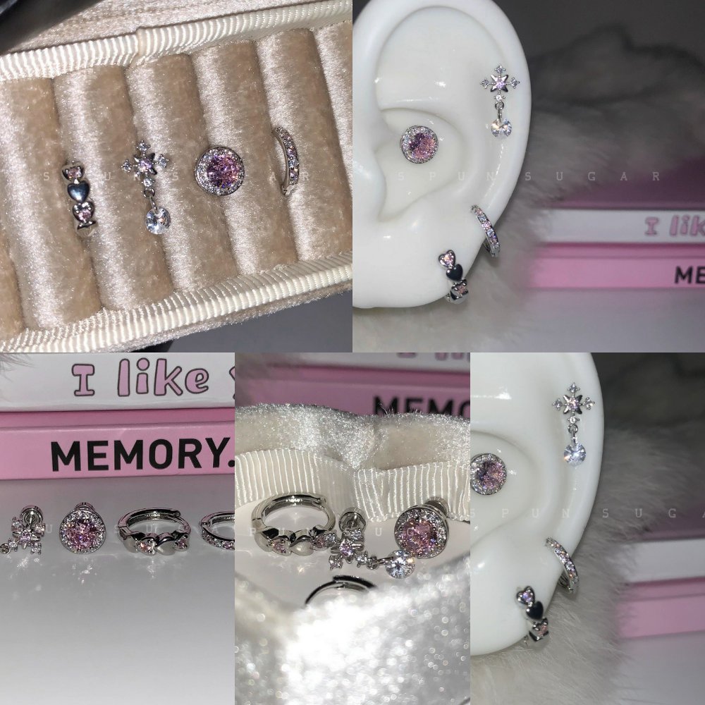 粉色十字雪花坠耳骨钉钛钢甜美闪