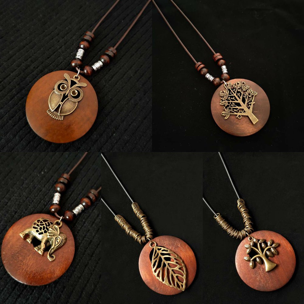 新款复古棉麻配饰民族风木质长款女毛衣链合金树叶项链