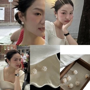 花团锦簇春夏季编织圆花球天然淡水珍珠小耳钉清新简约大气耳饰