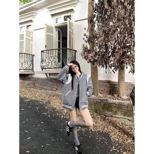 灰色美式 套 古院学风设计感拼接棒球服女早春宽松保外暖HMB复开衫