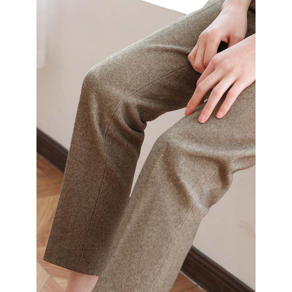 秋加冬人字纹厚瘦毛呢女高腰显裤休VPO闲直筒西装九分气质职业烟