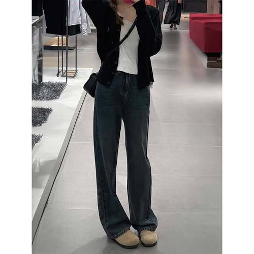 蓝灰直筒QIV显牛仔裤秋裤季新款胖妹妹mm女高腰瘦阔腿长梨形身材