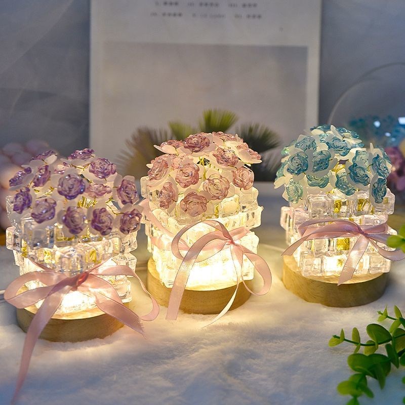 创意生日礼物冰块玫瑰花小夜灯花束E成品网红情人节小夜灯手工成