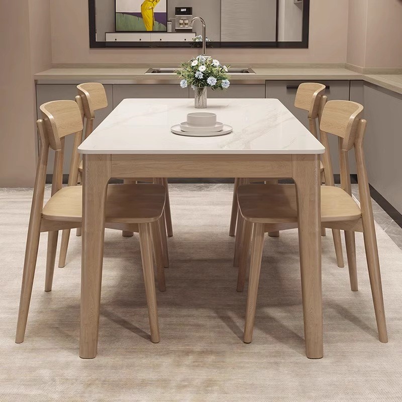 北欧实木岩板餐桌椅组合小户型家用轻奢现代简约V长方形橡木饭桌