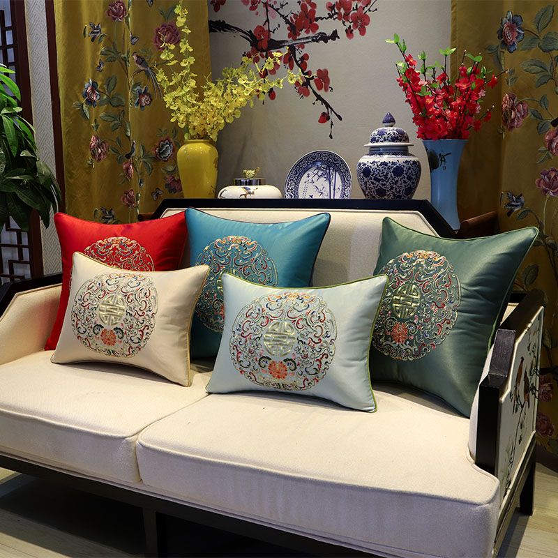 中式古典红木刺h绣花真皮红木实木沙发大靠包含芯床头靠垫背套抱