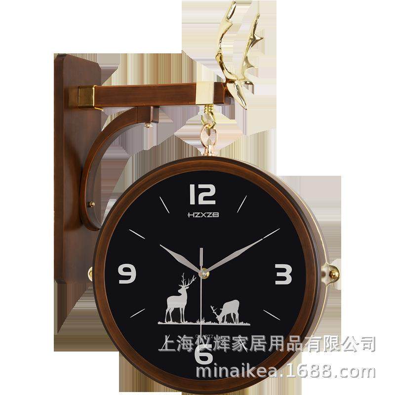 北欧双面挂钟简约静音时钟鹿头时尚客厅家用钟表个性创意装饰挂表