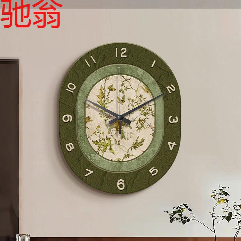 E4C法式复古客厅挂钟高级感中古风餐厅装饰画创意钟表挂墙绿色时