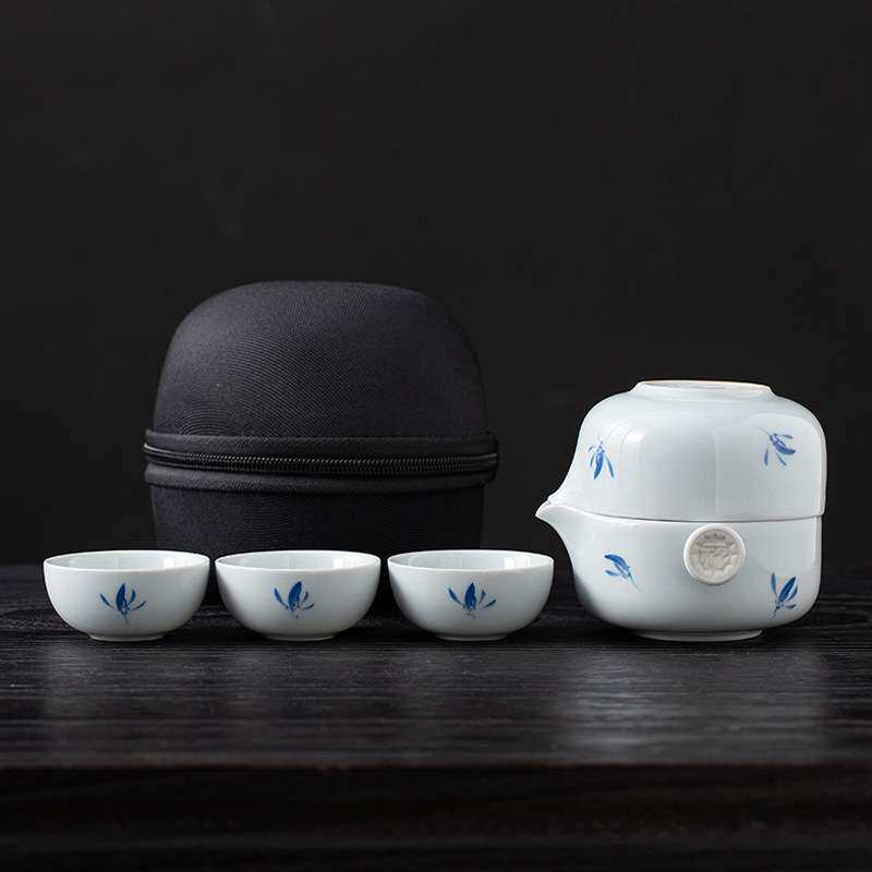 便携式旅行茶具小套装手绘兰花青花瓷手抓泡茶壶茶杯户外游快客杯