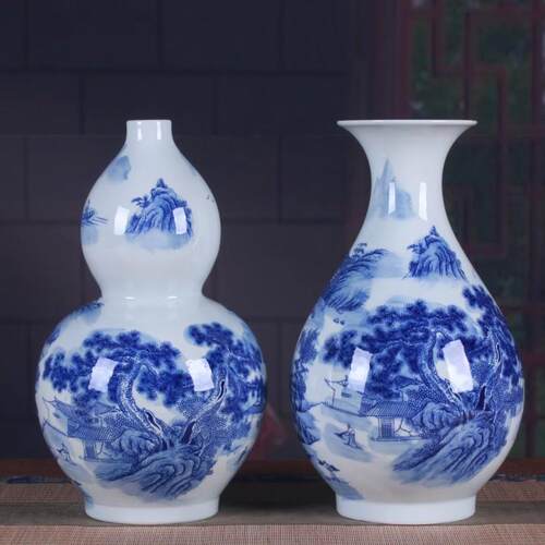 陶瓷家居摆件青花瓷山水花瓶仿古中式摆件客厅博古架工艺品瓷器