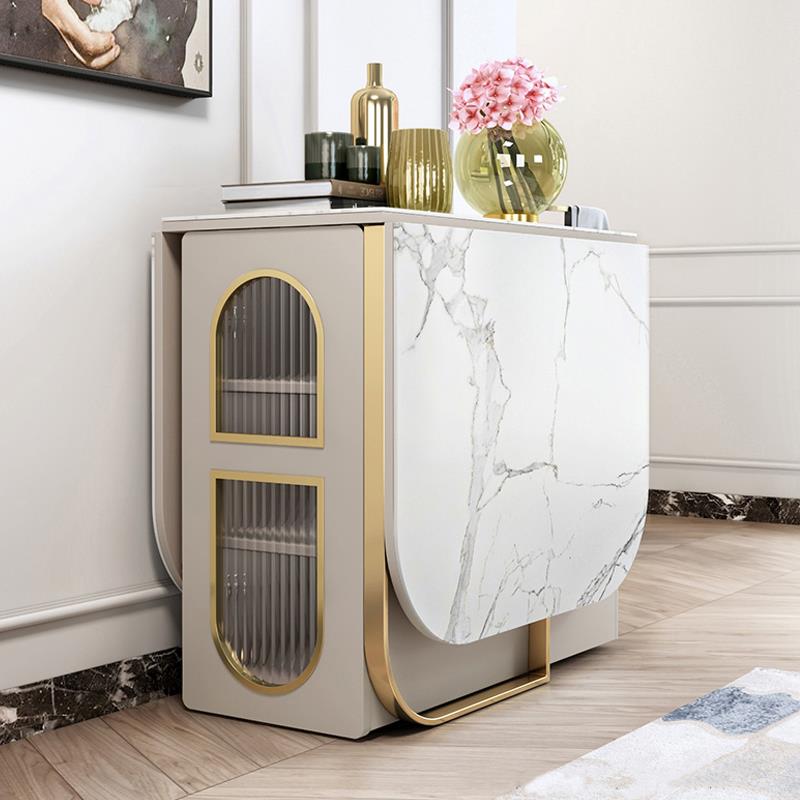 0J可收纳折叠饭桌储物餐边柜桌子轻奢家用小户型岩板餐桌椅套装组