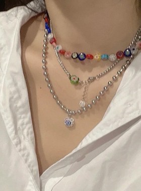 项链叠戴链彩色小众锁骨琉璃设计花朵女感颈链小串珠百搭金属年夏