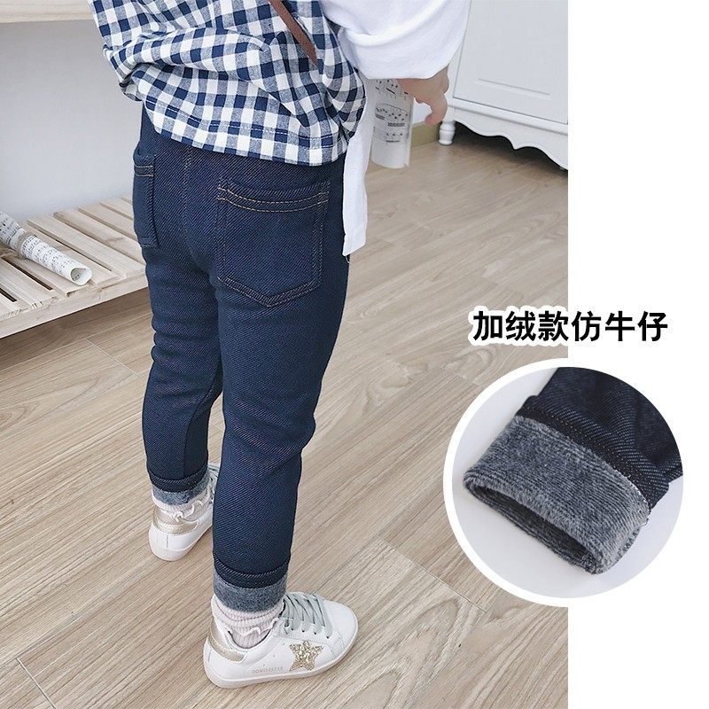 男女童加绒加厚打底裤秋冬装宝宝幼儿童保暖薄绒仿牛仔裤外穿洋气