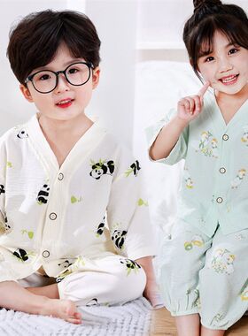 2024新款夏季云朵棉高档开衫睡衣家居服男女童款短袖薄款空调服