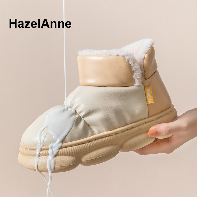 冬季保暖踩屎感高帮棉拖鞋女包跟厚底室内居家用PU皮防水月子棉鞋