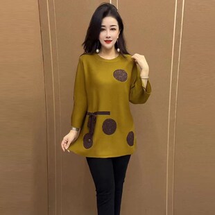 中老年妈妈纯色圆点长袖焦麻针织衫中长款早秋女宽松气质百搭上衣