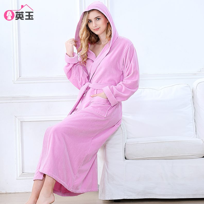 纯棉割绒毛巾料女士浴袍带帽加厚柔软男士浴衣加长版型吸水保暖冬