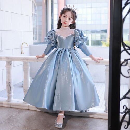 女童蓝色礼服缎面花童小女孩生日公主裙儿童主持人钢琴演出服长袖