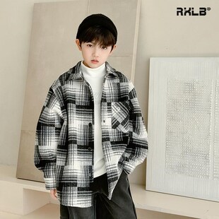 2024一体绒男孩黑白格纹衬衣潮 新款 儿童格子加绒衬衫 外套男童冬季
