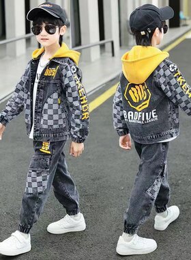 男童春秋季套装2023新款儿童帅气酷男孩牛仔外套裤子加绒加厚冬装