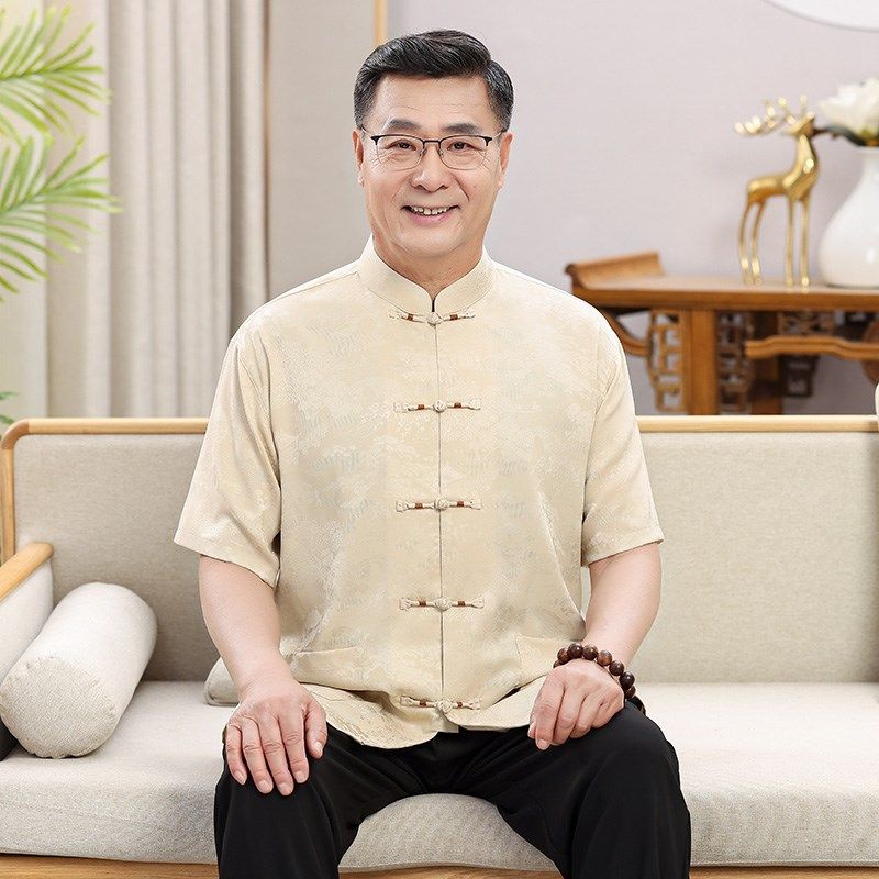 中老年唐装爸爸夏季中式套装男士短袖国风衬衫爷爷衣服中山装新款