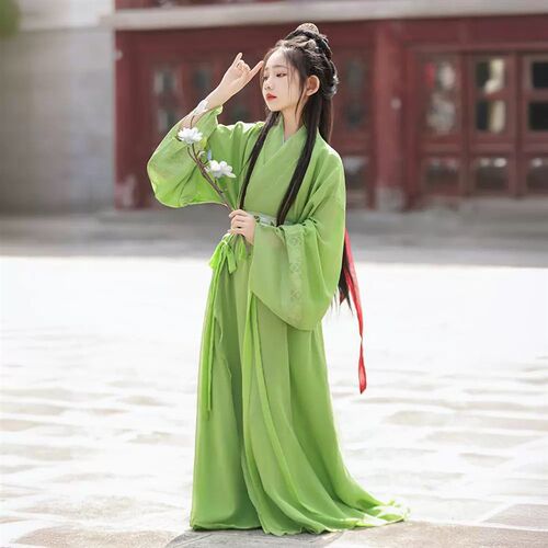战国袍女童汉服绿色复原款直裾袍小拖尾中国风交领长儒唐装演出服
