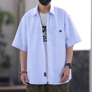 男条纹宽松大码 品克伦2024夏季 短袖 纯棉衬衫 日系潮牌休闲上衣 新款