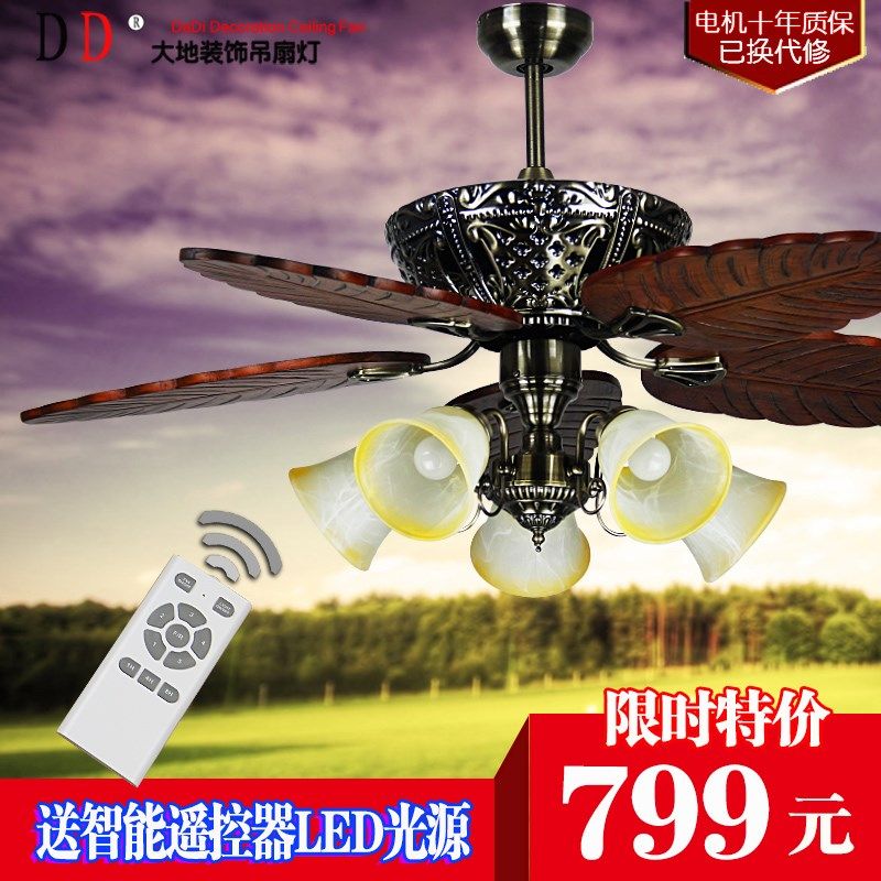 欧式复古装饰吊扇灯家用卧室客餐厅电风扇园林实木雕刻带灯遥控灯