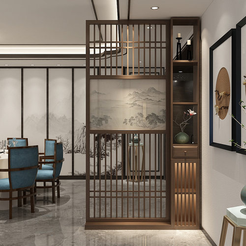 新中式入户玄关客厅屏风隔断实木镂空装饰茶室胡桃木博古架置物柜
