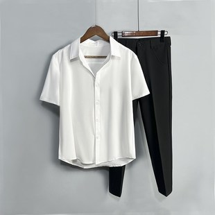 黑西裤 衬衫 套装 夏季 衬衣制服男 男士 商务结婚礼服面试工装 白色短袖