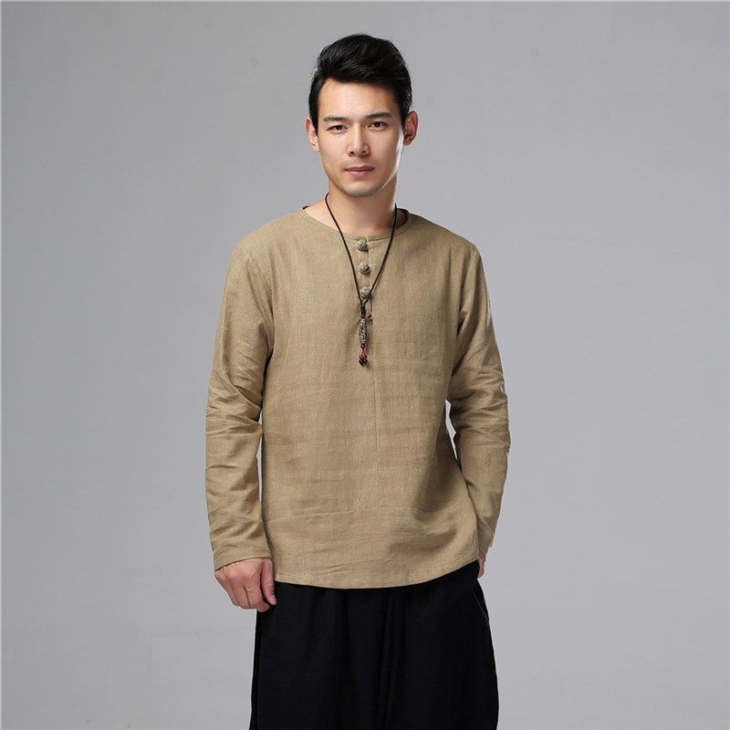 24年新品国风男装纯色亚麻圆领T恤布扣长袖上衣衬衣T恤,男装,T恤,淘宝优惠券,粉丝福利购,淘宝优惠卷