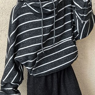 鹿西 拼接撞色条纹连帽加厚卫衣女2024秋冬新款休闲宽松上衣2827