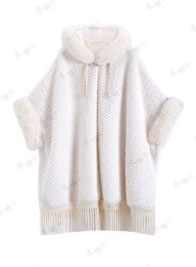 秋冬新款中式盘扣连帽搭旗袍汉服斜纹兔毛披肩斗篷女加绒毛呢外套