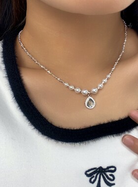 精致冷淡蓝色水滴吊坠珍珠项链女轻奢小众设计高级感简约轻奢配饰
