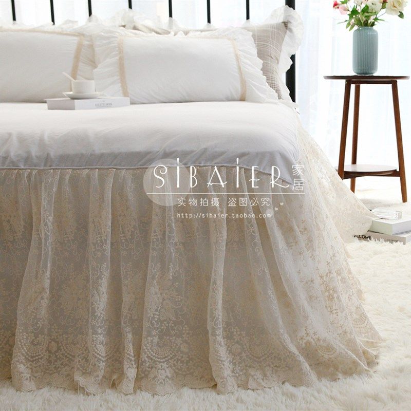 韩式绣花纱双裙摆蕾丝单双人裙式纯色纯棉全棉单件床裙床单床罩