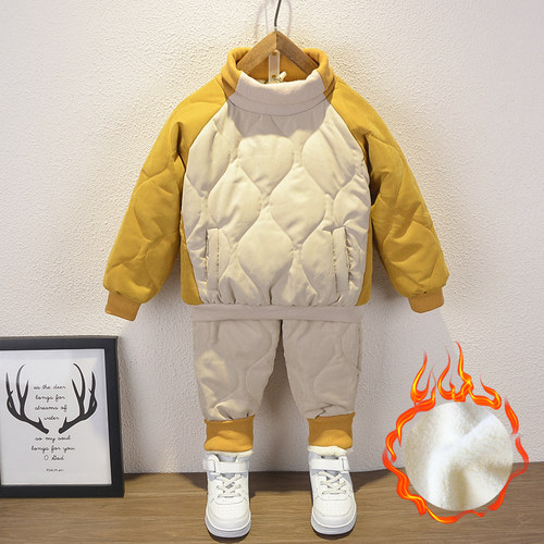 小童套装儿童冬季加绒棉衣男童加厚拼色棉服宝宝秋冬帅气两件套潮
