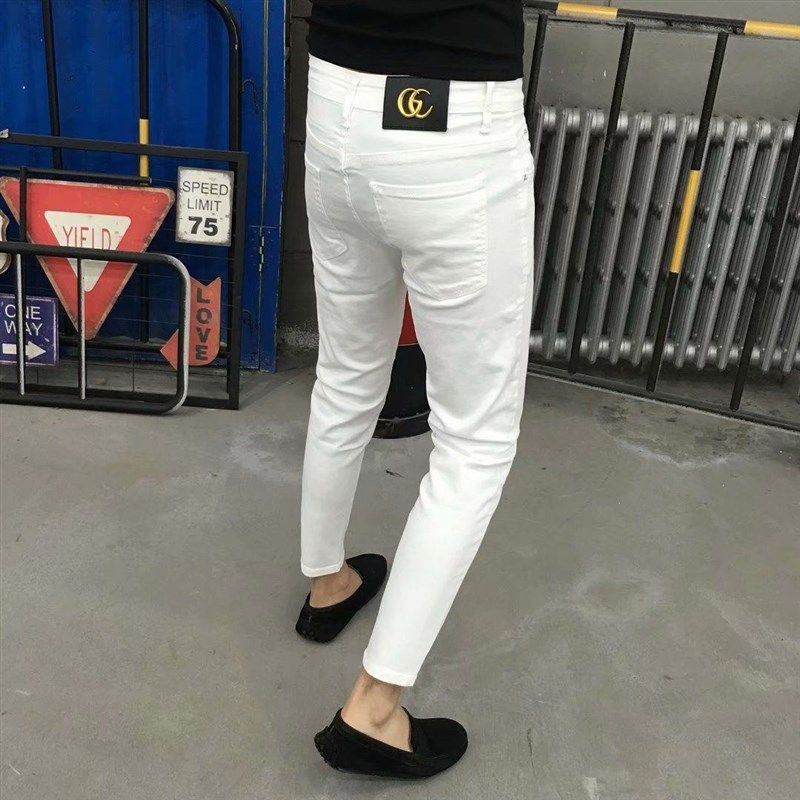 潮牌九分牛仔裤男夏季薄款白色修身弹力小脚直筒裤子男生紧身裤子