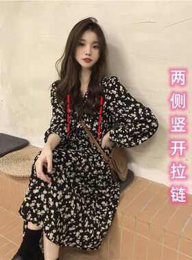 哺乳碎花洋装春秋外出辣妈2023新款产后显瘦法式哺乳长裙子秋装