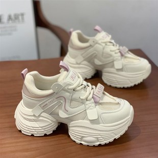 增高轻便透气炸街运动鞋 新款 女2025年春季 显脚小松糕底真皮老爹鞋