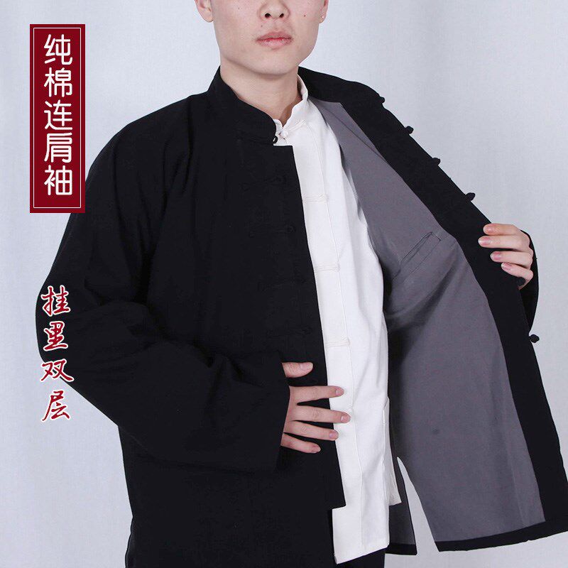 春秋传统连肩袖唐装男盘扣中老年外套复古老式对襟中式夹袄土粗布