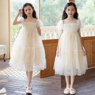 女童夏季 公主裙 连衣裙洋气大童超仙亮片网纱裙小学生高级感泡泡袖